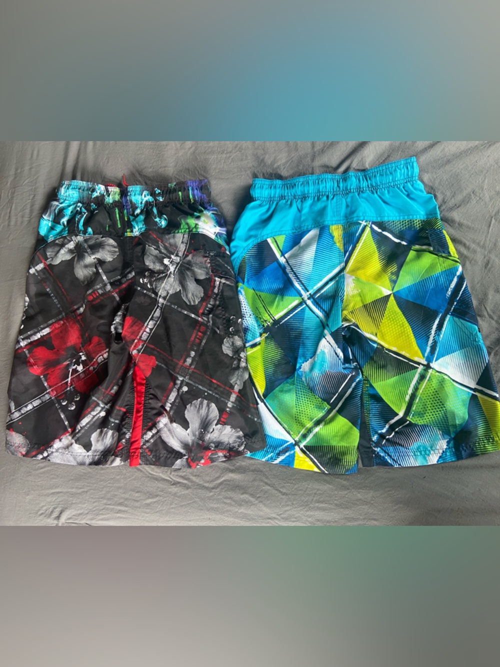 2 Boy’s Swim Trunks - Red & Navy with Bright Geometric Accents